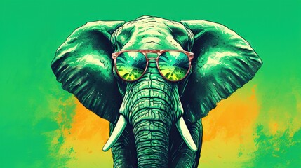  an elephant with glasses on its head and a green background.  generative ai