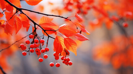 Moody autumnal dry tree leaves with red wild berries on a blurred background. Natural and organic October background. Autumn season. Fall concept.