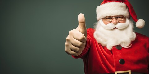 Fototapeta na wymiar Santa Claus giving thumb up. Focus on the hand. Green background. Empty space for text or logo. Ai generative