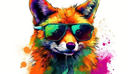 Fototapeta premium a colorful fox wearing sunglasses and a bow tie on a white background. generative ai