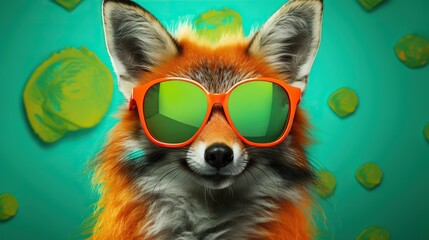 Fototapeta premium a red fox wearing red sunglasses and a green background with leaves. generative ai
