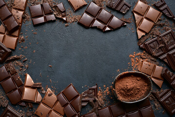 Slices of dark and milk chocolate . Top view with copy space.