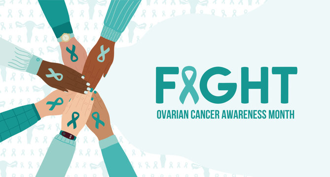 Horizontal banner of female hands stacking together with teal cancer ribbons. Ovarian and Cervical cancer Awareness Month. Cancer prevention and women health poster. Hand drawn illustration.