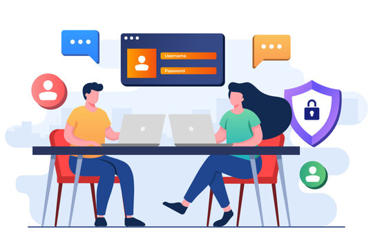 secure personal data using password protection, Cyber security, Network data security, confidential data protection, Setting strong password, Internet security, Information Privacy flat illustration