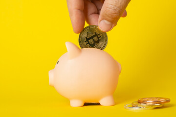 Put Bitcoin crypto currency coin in the piggy money box.