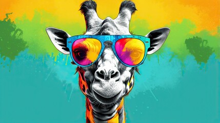  a giraffe with sunglasses on its head and a rainbow colored background.  generative ai