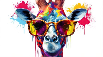 Fototapeta premium a giraffe wearing sunglasses with a splash of paint on it. generative ai