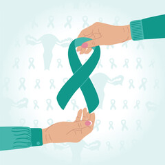 Ovarian and Cervical cancer Awareness Month. Female hands give and take teal ribbon. Nobody fights alone. Cancer prevention and women health care poster. Hand drawn vector illustration