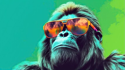  a monkey with sunglasses on its head and a green background.  generative ai