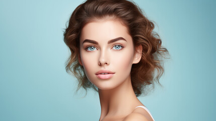 Naklejka premium Beautiful young woman with clean perfect skin. Portrait of beauty model with natural nude make up and touching her face. Spa, skincare and wellness. Close up, blue background