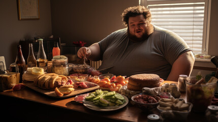 Fototapeta na wymiar Obese man sits in front of a pile of food