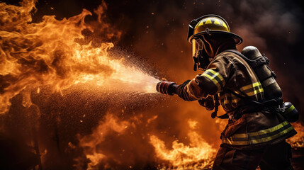 Portrait of a firefighter in equipment. Firemen using water from hose for fire fighting.
