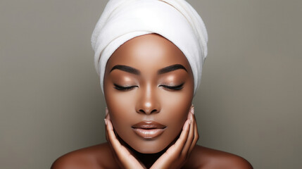 Beauty portrait of African American girl . Beautiful black woman touch her face . Facial treatment . Cosmetology , skin care and spa .
