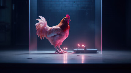 Cute Chicken animal in neon style. Chicken Rooster Neon, generative ai - obrazy, fototapety, plakaty