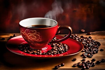 Fototapeta premium A porcelain coffee cup adorned with delicate patterns sits atop a vibrant crimson plate - AI Generative