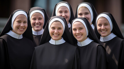 Portrait of a group of nuns against the background of a church