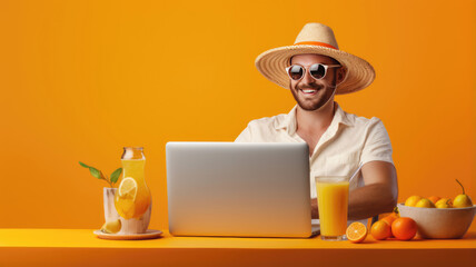 Man works on his laptop during his vacation