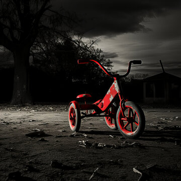 Atmospheric photograph of a red childrens tricycle on a deserted childrens playground