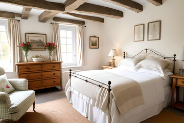 Fototapeta premium Cottage bedroom decor, interior design and holiday rental, bed with elegant bedding linen and antique furniture. Warm farmhouse style