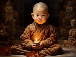 A little Chinese monk captivates with his serene expression. In mesmerizing and realistic oil painting, it conveys the wisdom and tranquility of a little monk in inner peace. - obrazy, fototapety, plakaty