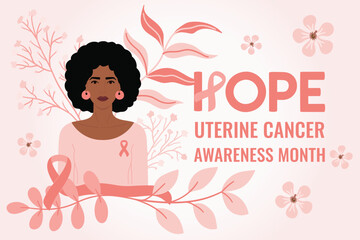 Uterine Cancer Awareness Month. Hope phrase. Black woman with flowers and peach ribbon on her chest. Cancer prevention and women health care support illustration