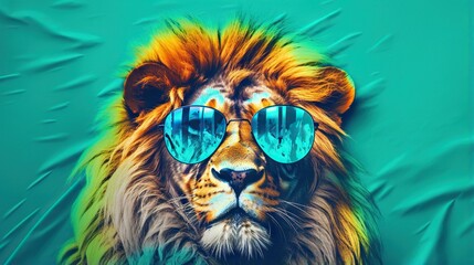  a lion with sunglasses on its head and a green background.  generative ai