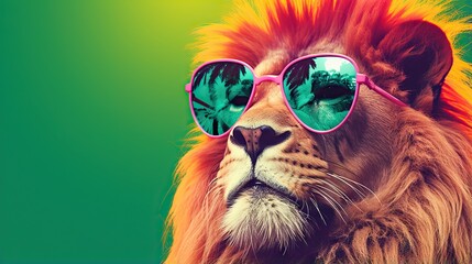  a lion wearing pink sunglasses with a green and yellow background.  generative ai - obrazy, fototapety, plakaty