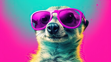  a meerkat wearing pink sunglasses on a pink and blue background.  generative ai