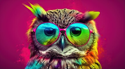  a colorful owl with glasses on its face and a pink background.  generative ai