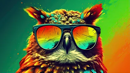 Gordijnen  a colorful owl wearing sunglasses and a hat on its head.  generative ai © Shanti
