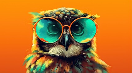  a colorful owl with glasses on its head and a bright orange background.  generative ai