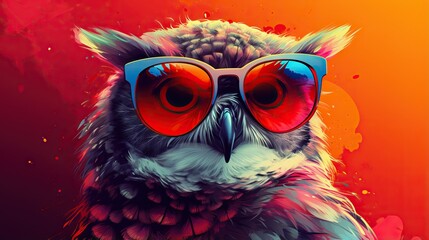  an owl with red glasses on its face and a red background.  generative ai