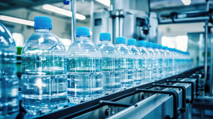 Line of bottling beverages in plastic bottles on clean light factory