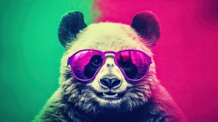  a panda bear wearing pink sunglasses and a green and pink background.  generative ai