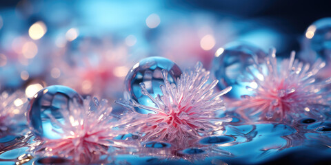 winter blue pink background with ice crystals, drops
