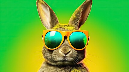  a rabbit with sunglasses on its head and a green background.  generative ai