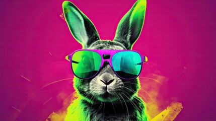  a rabbit with sunglasses on its head and a pink background.  generative ai