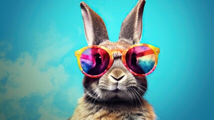  a rabbit with sunglasses on its head and a sky background.  generative ai