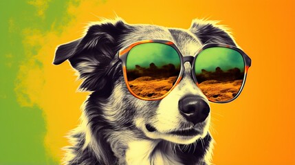  a dog wearing sunglasses with a desert scene in the background.  generative ai