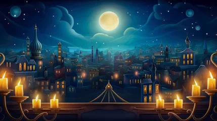 Foto op Plexiglas Night city with moonlight and stars. Hanukkah holiday © mila103