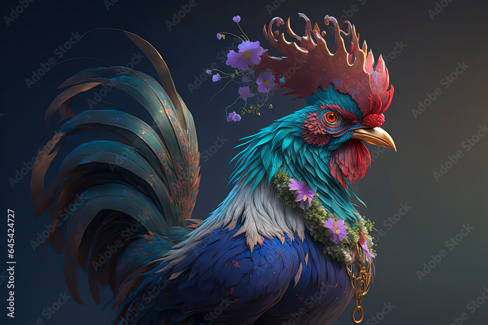 Wall mural A blue rooster with flowers. Generative AI