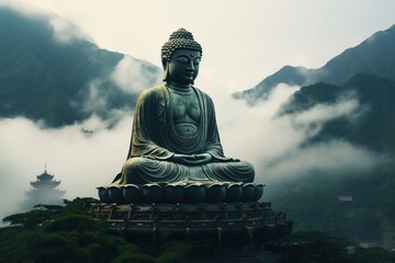 Fototapeta premium Buddha statue on the top of mountain in misty morning.Generative Ai