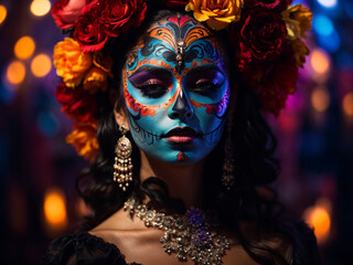 Closeup Woman sugar skull makeup and flowers