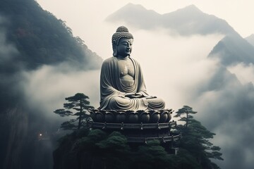 Buddha statue on the top of mountain in misty morning.Generative Ai