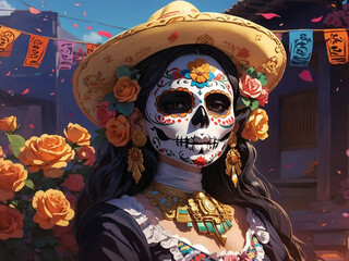 Fototapeta na wymiar Mexican woman with sugar skull makeup anime style