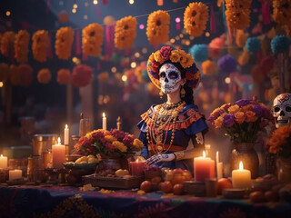Mexican woman with sugar skull makeup flowers and candle Celebrating festival