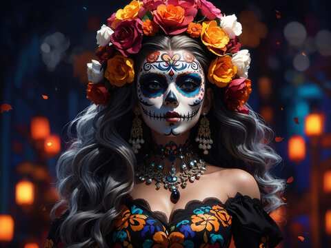 Mexican woman with sugar skull makeup and flowers