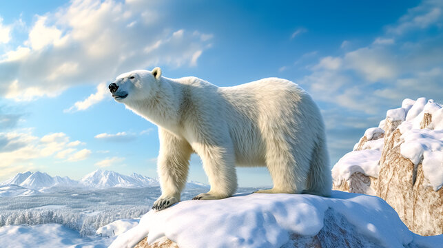 northern polar bear in winter snowy landscape