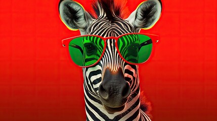  a zebra wearing red sunglasses and a green pair of sunglasses.  generative ai
