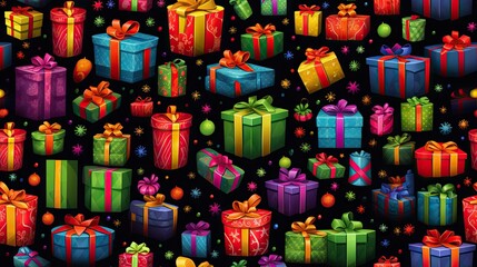 Fototapeta na wymiar a lot of presents that are on a black background with stars. generative ai